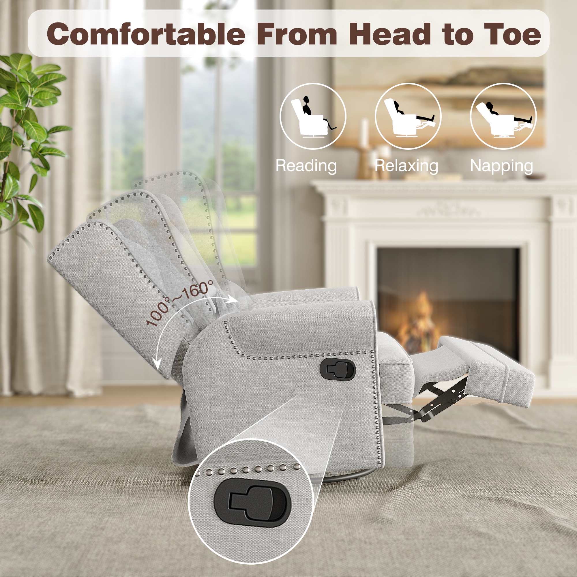 Swivel Recliner Chair, Comfy Glider Rocking Chairs With Lumbar Pillow And Footrest, Upholstered Swivel Rocking Chair For Bedroom,Nursery,Light Gray_maomaolike.com